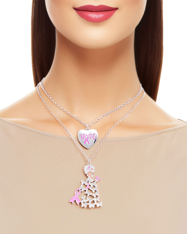 Breast Cancer Silver Chain 2 Pcs Pink Ribbon Pendants