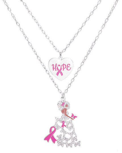 Breast Cancer Silver Chain 2 Pcs Pink Ribbon Pendants