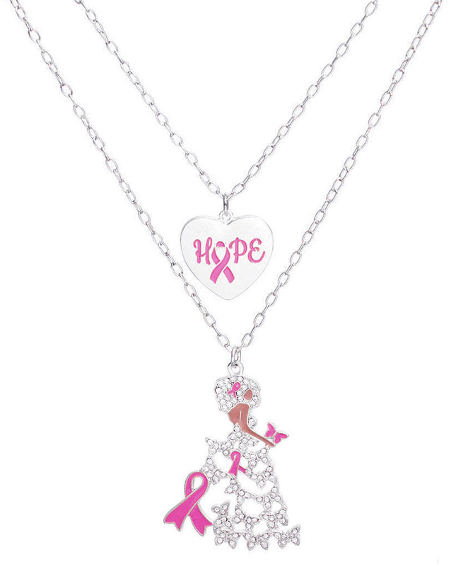 Breast Cancer Silver Chain 2 Pcs Pink Ribbon Pendants