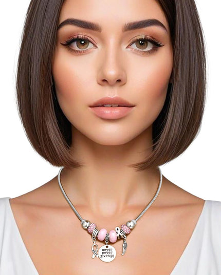 Breast Cancer Silver Never Give Up Charm Necklace