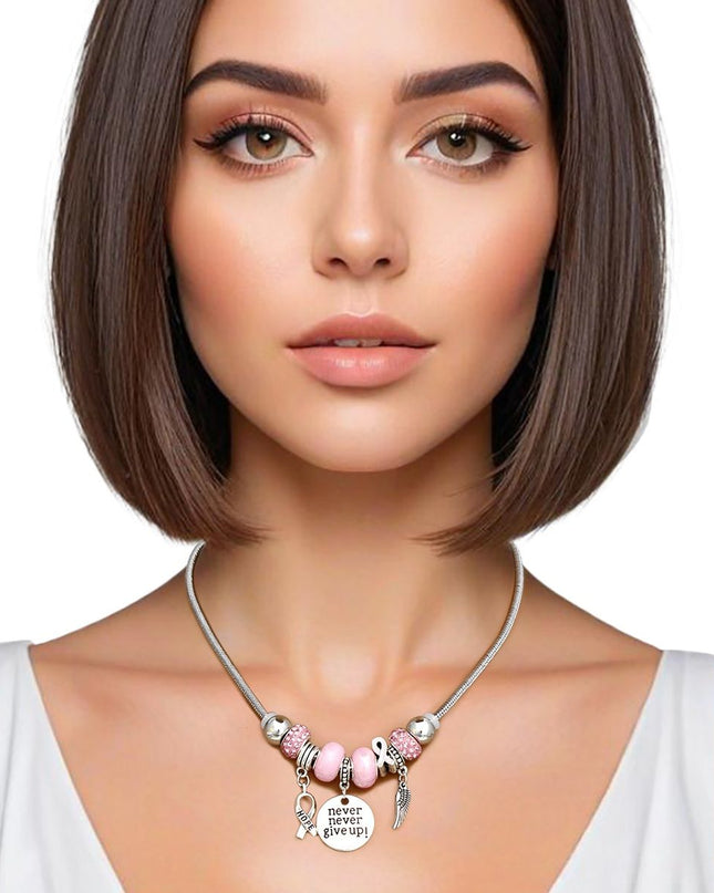 Breast Cancer Silver Never Give Up Charm Necklace