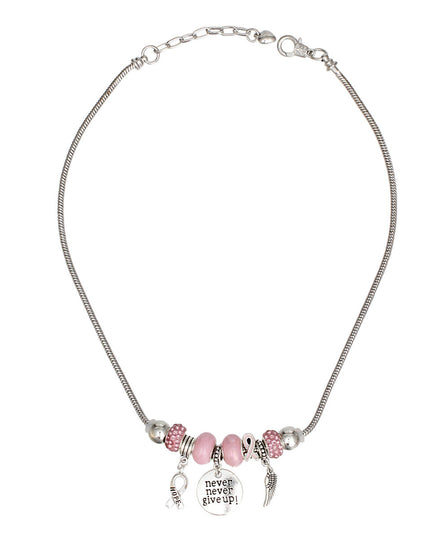 Breast Cancer Silver Never Give Up Charm Necklace