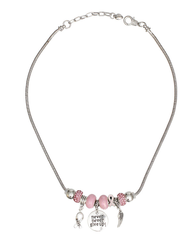 Breast Cancer Silver Never Give Up Charm Necklace