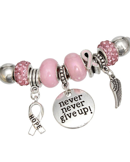 Breast Cancer Silver Never Give Up Charm Necklace