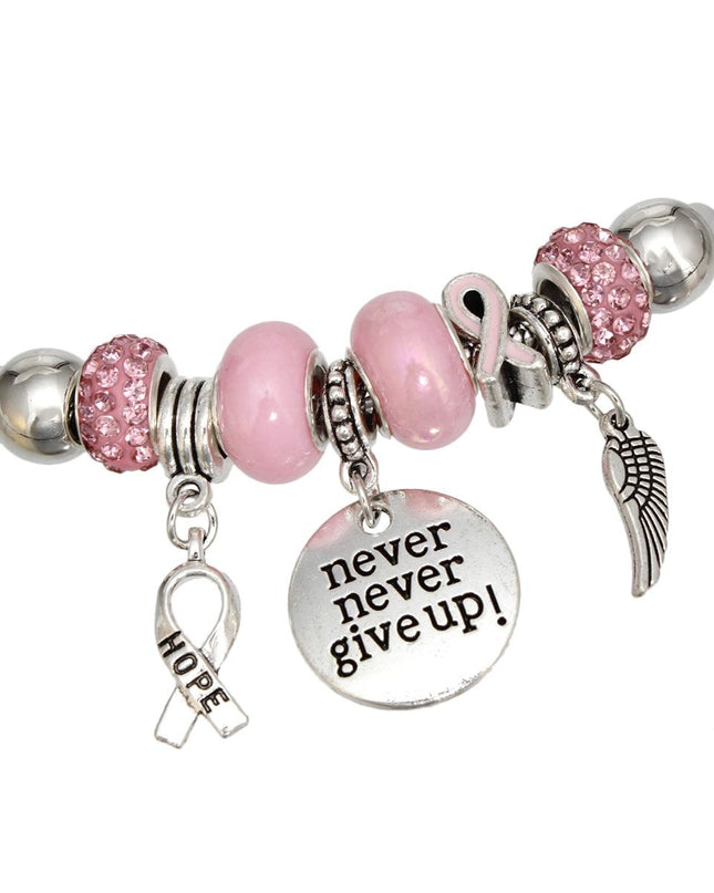 Breast Cancer Silver Never Give Up Charm Necklace