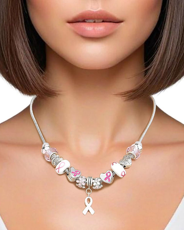 Breast Cancer Silver Hope Ribbon Charm Necklace