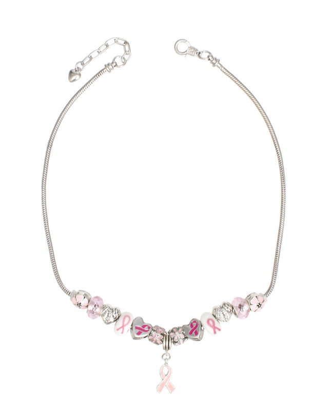 Breast Cancer Silver Hope Ribbon Charm Necklace
