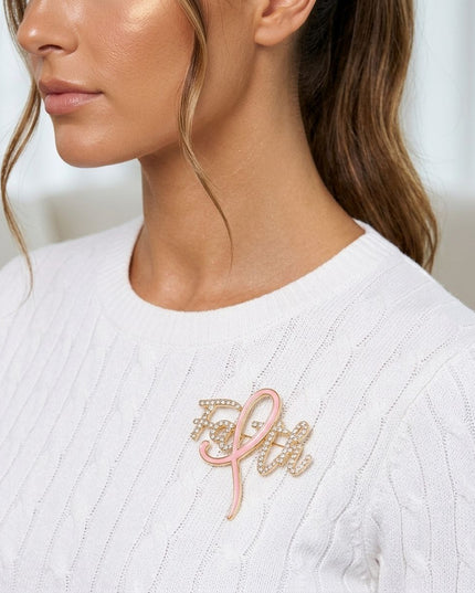 Faith Breast Cancer Gold Light Pink Ribbon Brooch
