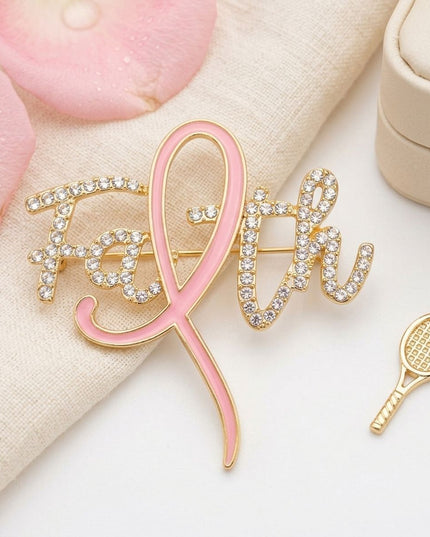 Faith Breast Cancer Gold Light Pink Ribbon Brooch