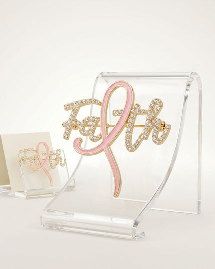 Faith Breast Cancer Gold Light Pink Ribbon Brooch