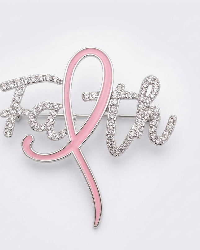 Breast Cancer Brooch Silver Faith Light Pink Ribbon