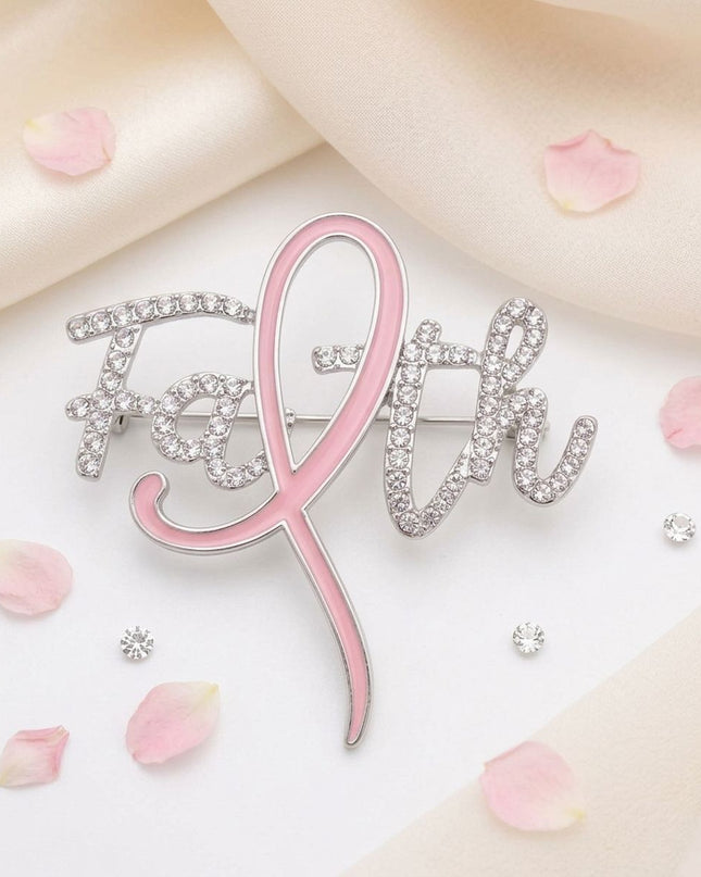 Breast Cancer Brooch Silver Faith Light Pink Ribbon