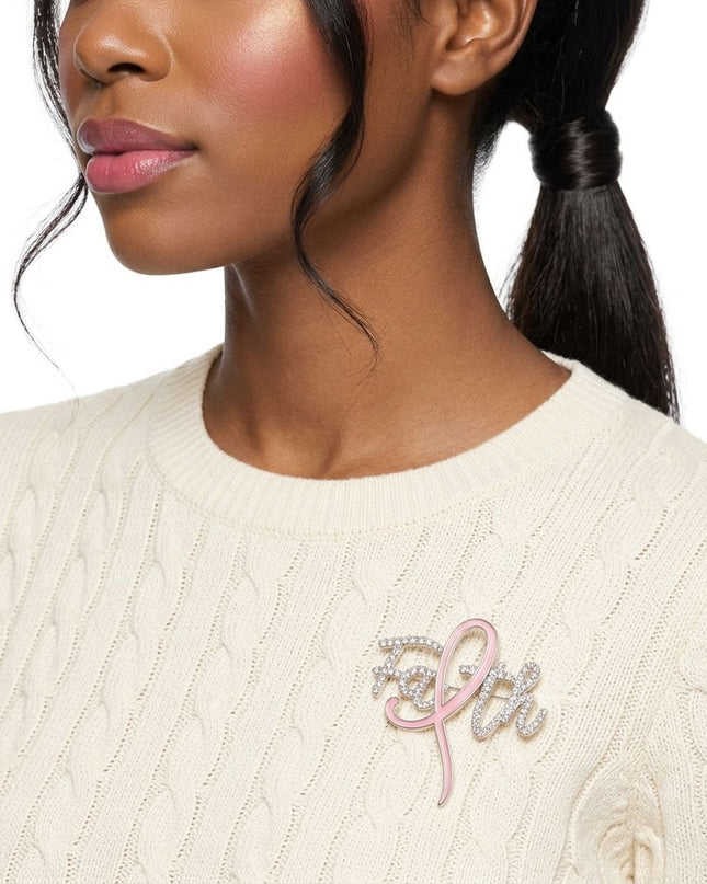 Breast Cancer Brooch Silver Faith Light Pink Ribbon