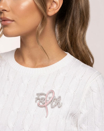 Breast Cancer Brooch Silver Faith Light Pink Ribbon