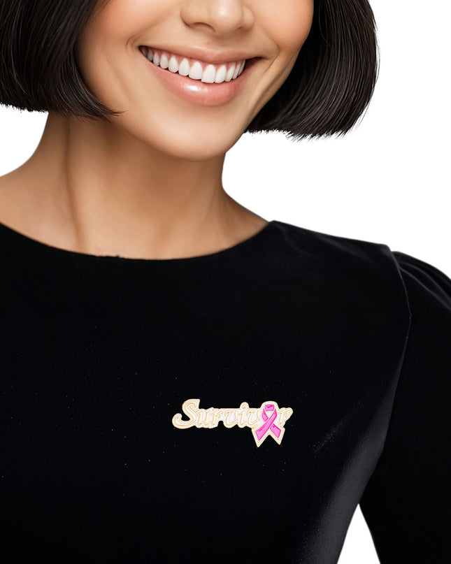 Breast Cancer Brooch Gold White Pink Ribbon Survivor Pin