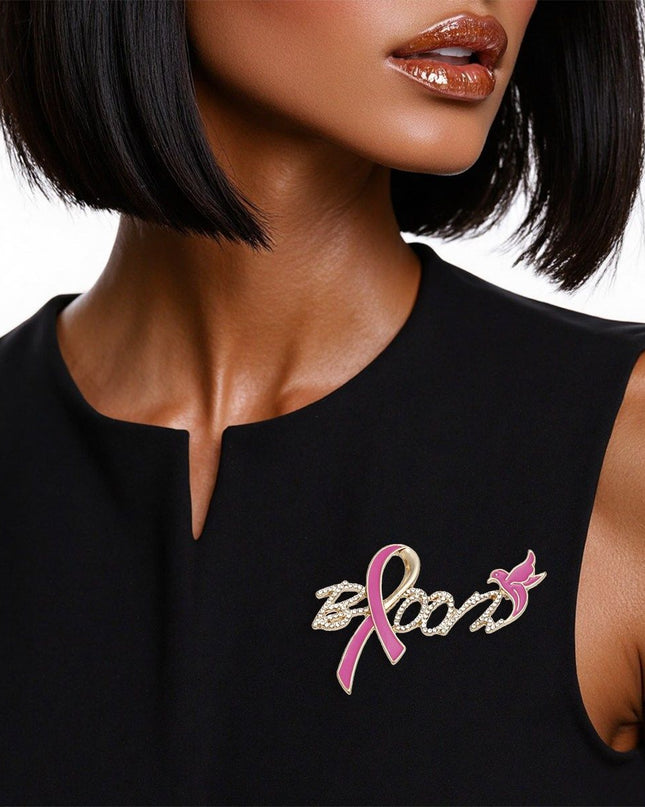 Breast Cancer Gold Bloom Pink Ribbon Brooch Pin