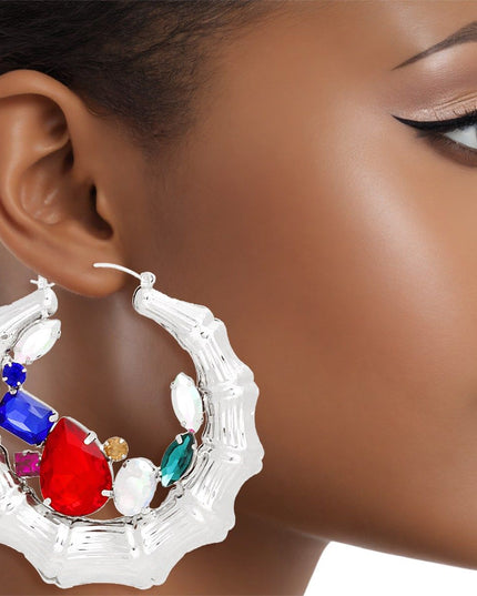 Hoops Silver Bamboo Radiant Crystal Earrings