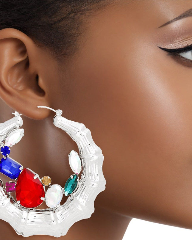 Hoops Silver Bamboo Radiant Crystal Earrings