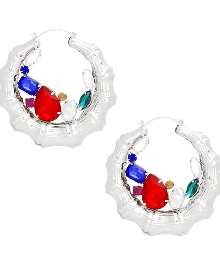 Hoops Silver Bamboo Radiant Crystal Earrings