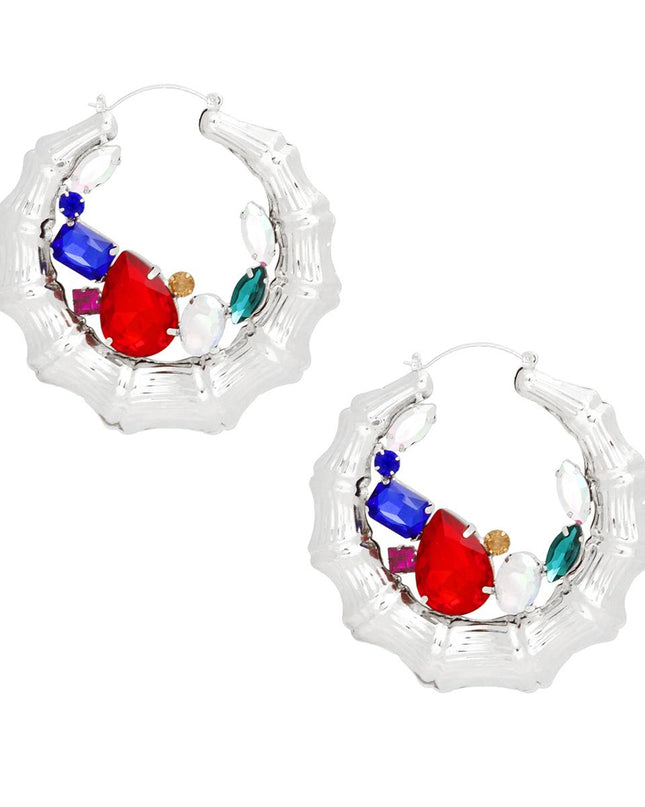 Hoops Silver Bamboo Radiant Crystal Earrings