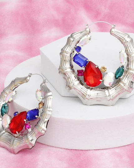 Hoops Silver Bamboo Radiant Crystal Earrings