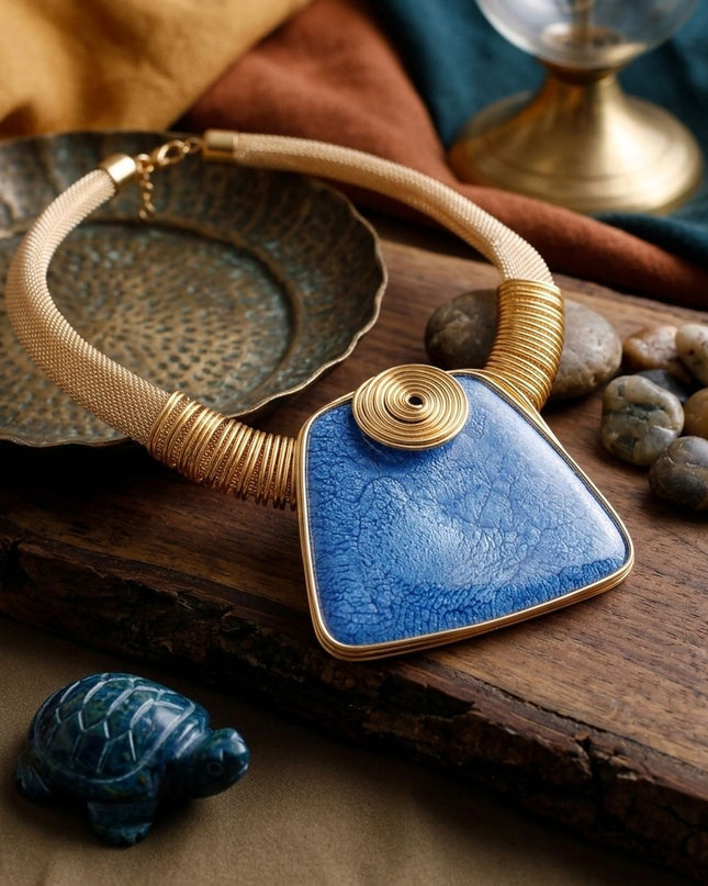 Large Blue Resin Pendant Gold Mesh Collar Necklace