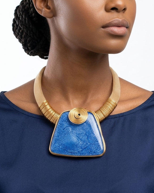 Large Blue Resin Pendant Gold Mesh Collar Necklace