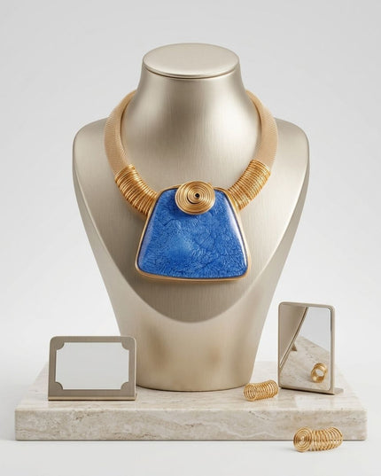 Large Blue Resin Pendant Gold Mesh Collar Necklace