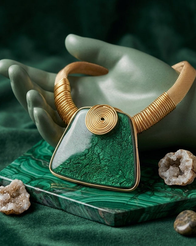 Large Green Resin Pendant Gold Collar Necklace