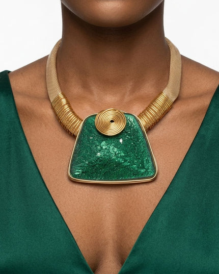 Large Green Resin Pendant Gold Collar Necklace