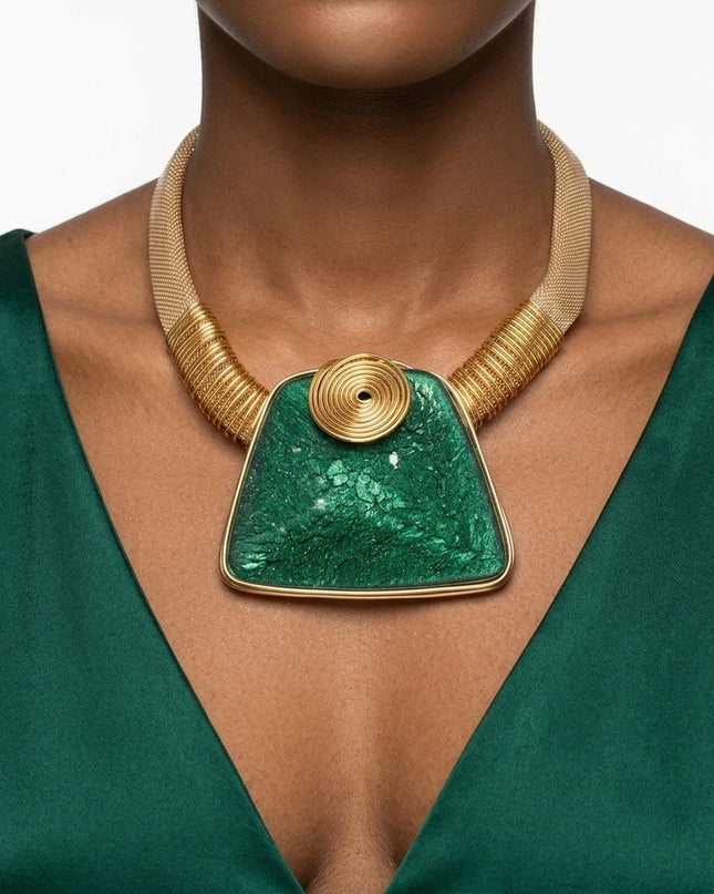 Large Green Resin Pendant Gold Collar Necklace