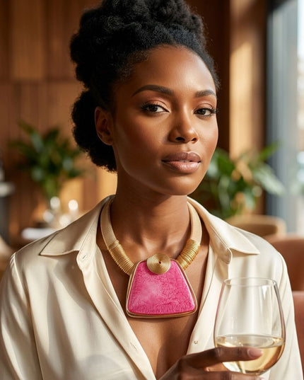 Large Pink Resin Pendant Gold Mesh Collar Necklace