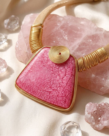 Large Pink Resin Pendant Gold Mesh Collar Necklace