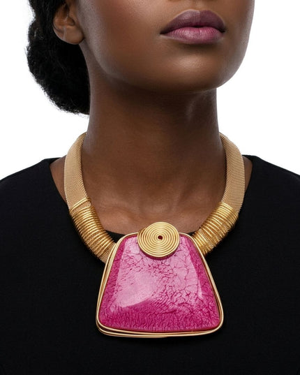 Large Pink Resin Pendant Gold Mesh Collar Necklace