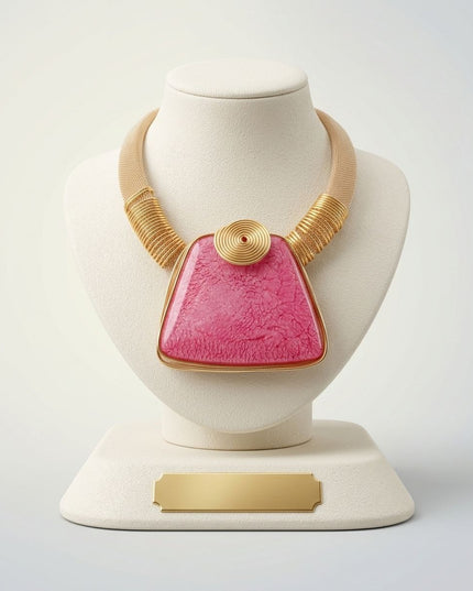 Large Pink Resin Pendant Gold Mesh Collar Necklace