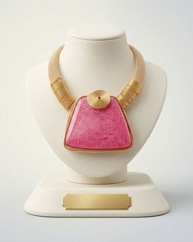 Large Pink Resin Pendant Gold Mesh Collar Necklace