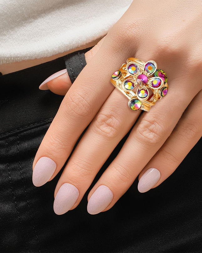 Cocktail Ring Multicolor Flower Gold Branch Women