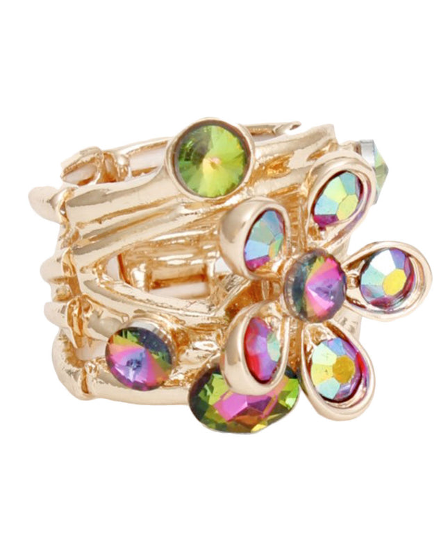 Cocktail Ring Multicolor Flower Gold Branch Women