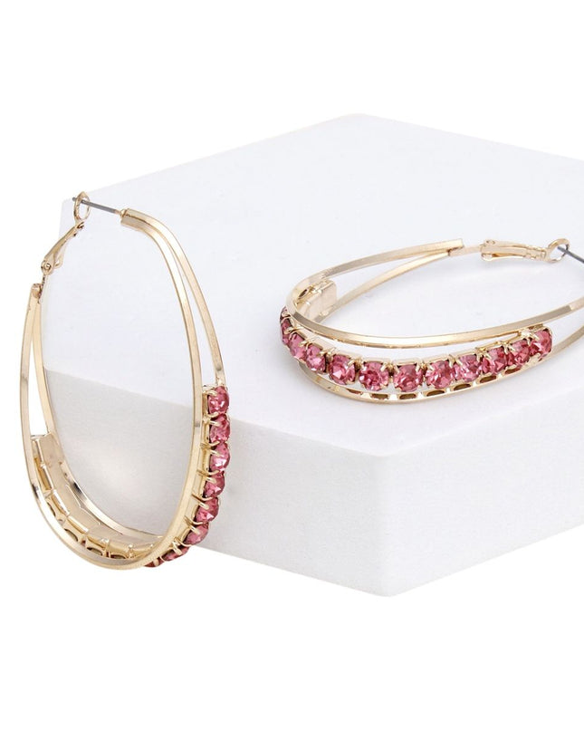 Hoops Oval Gold Split Fuchsia Rhinestone Earrings
