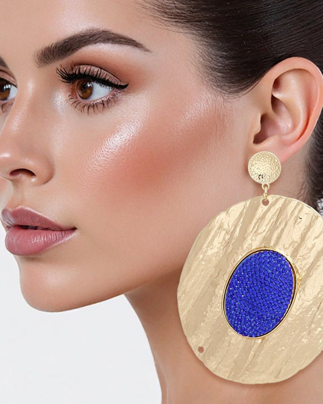 Drop Dramatic Large Gold Oval Blue Inset Earrings