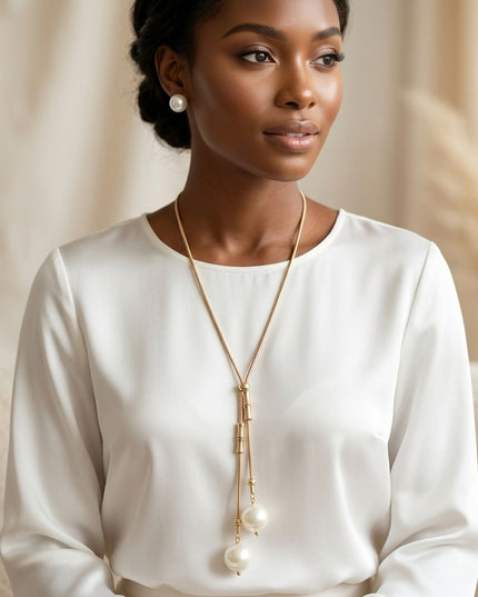 Gold Snake Chain Bamboo Pearl Lariat Necklace Set