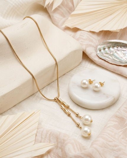 Gold Snake Chain Bamboo Pearl Lariat Necklace Set