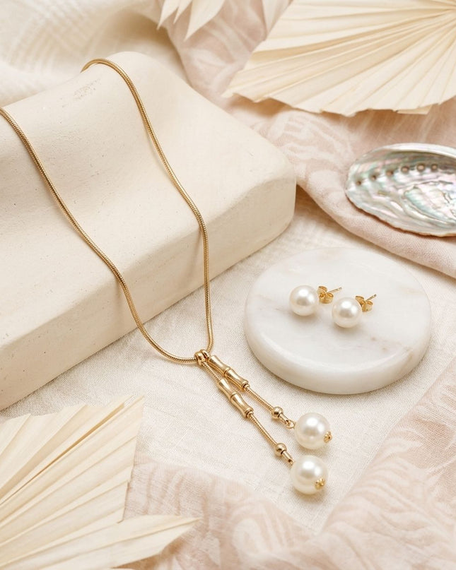 Gold Snake Chain Bamboo Pearl Lariat Necklace Set