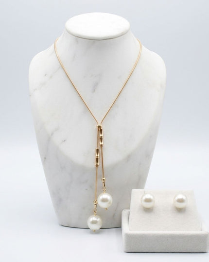 Gold Snake Chain Bamboo Pearl Lariat Necklace Set