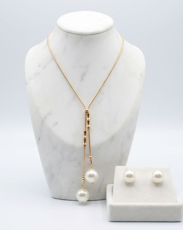 Gold Snake Chain Bamboo Pearl Lariat Necklace Set