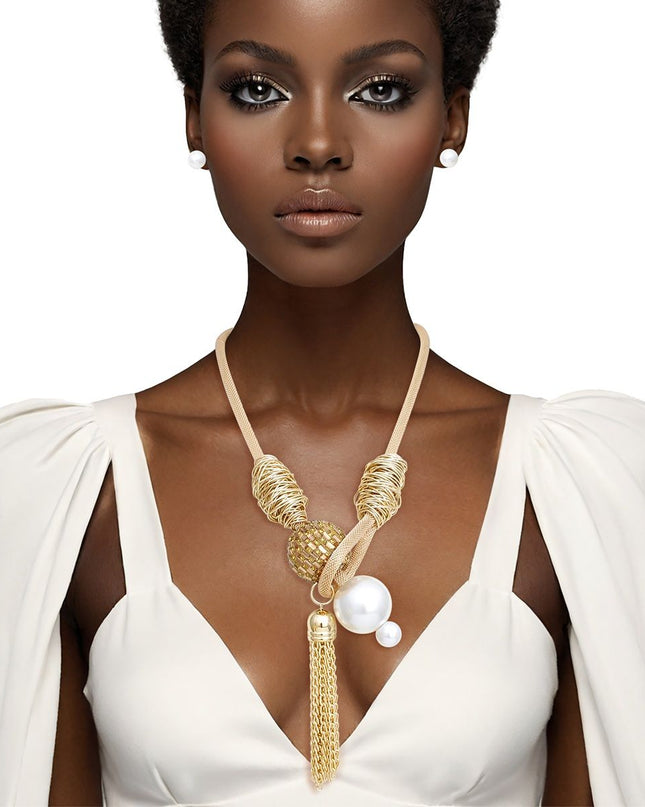 Toggle Pearl and Brown Tassel Gold Chain Necklace