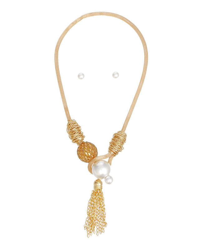 Toggle Pearl and Brown Tassel Gold Chain Necklace