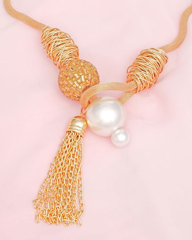 Toggle Pearl and Brown Tassel Gold Chain Necklace