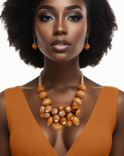 Necklace Brown Clustered Wood Bead Set Women