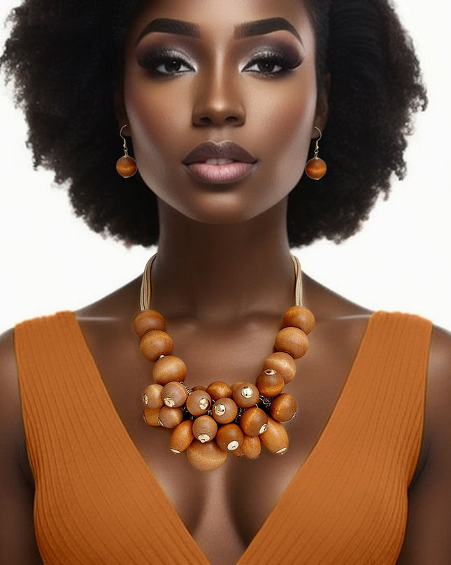 Necklace Brown Clustered Wood Bead Set Women